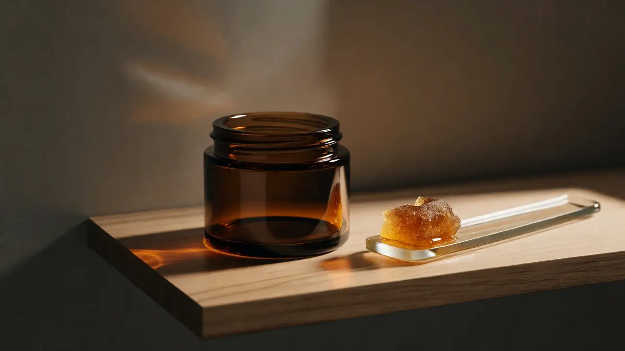 CBD hash uložený v tmavé skleněné nádobce na chladném místě