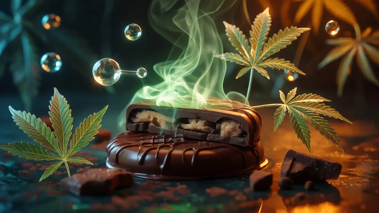 Chocolate cookie with glowing green herbal mist concept