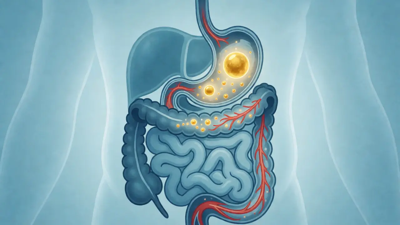 Ilustrace trávicího systému s pomalu se uvolňující zlatou molekulou CBD do krevního oběhu.