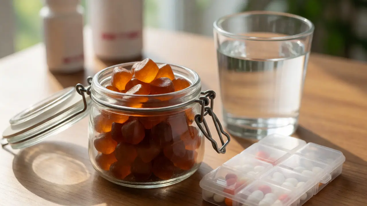Lahvička s gummies vedle léků a sklenice vody