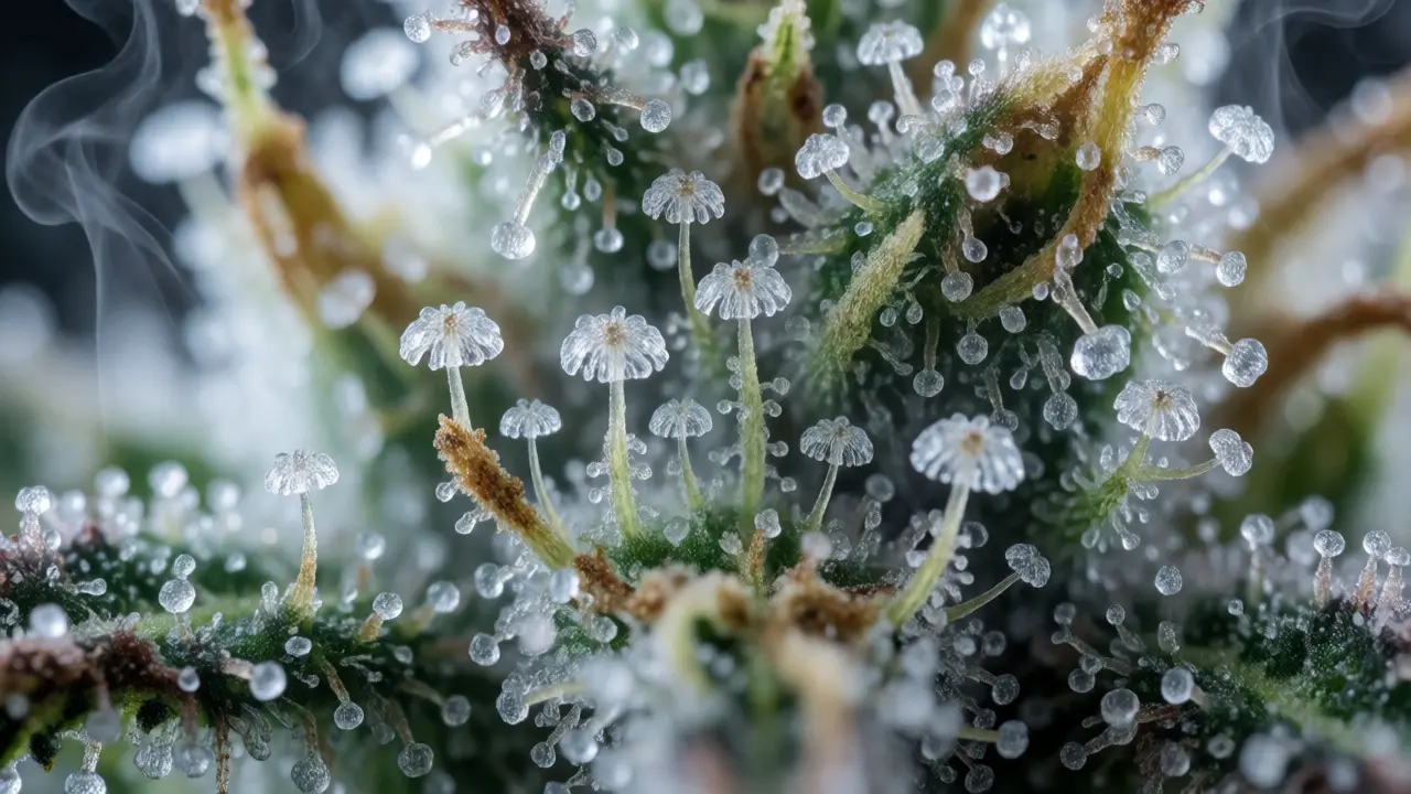 Makro pohled na trichomy konopí ilustrující ztrátu terpenů při špatném sušení