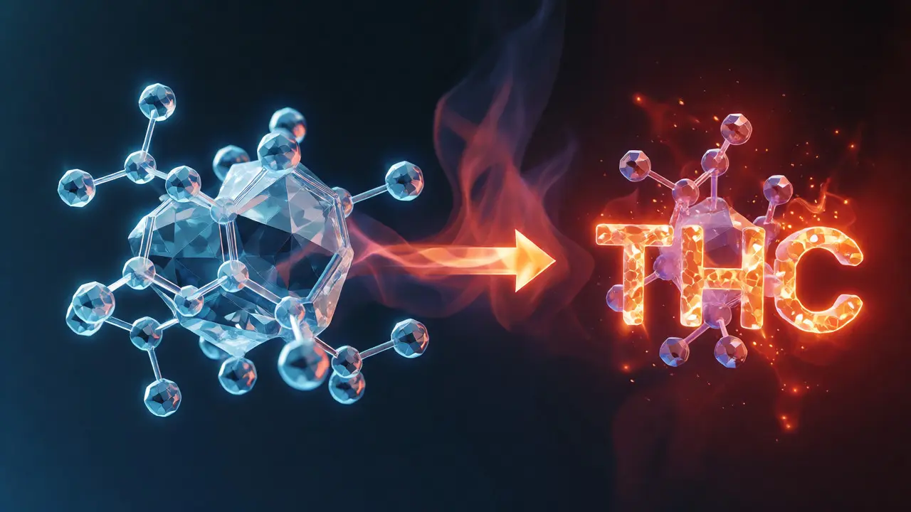 Makro snímek chemické transformace molekuly THCA na THC pomocí tepla