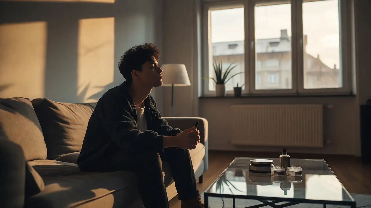 Mladý člověk v Praze zamyšleně drží vape pero a přemýšlí o užívání.