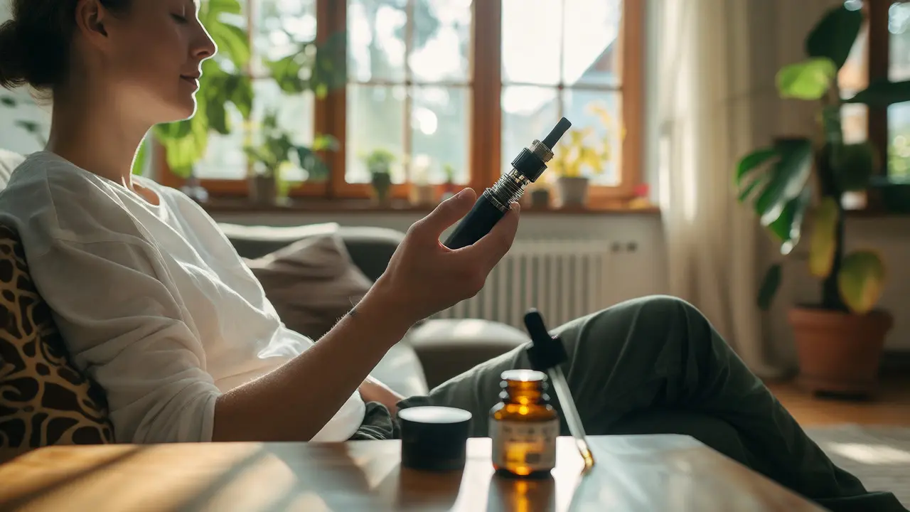 Osoba používající vaporizér v osvětleném interiéru jako alternativu kouření
