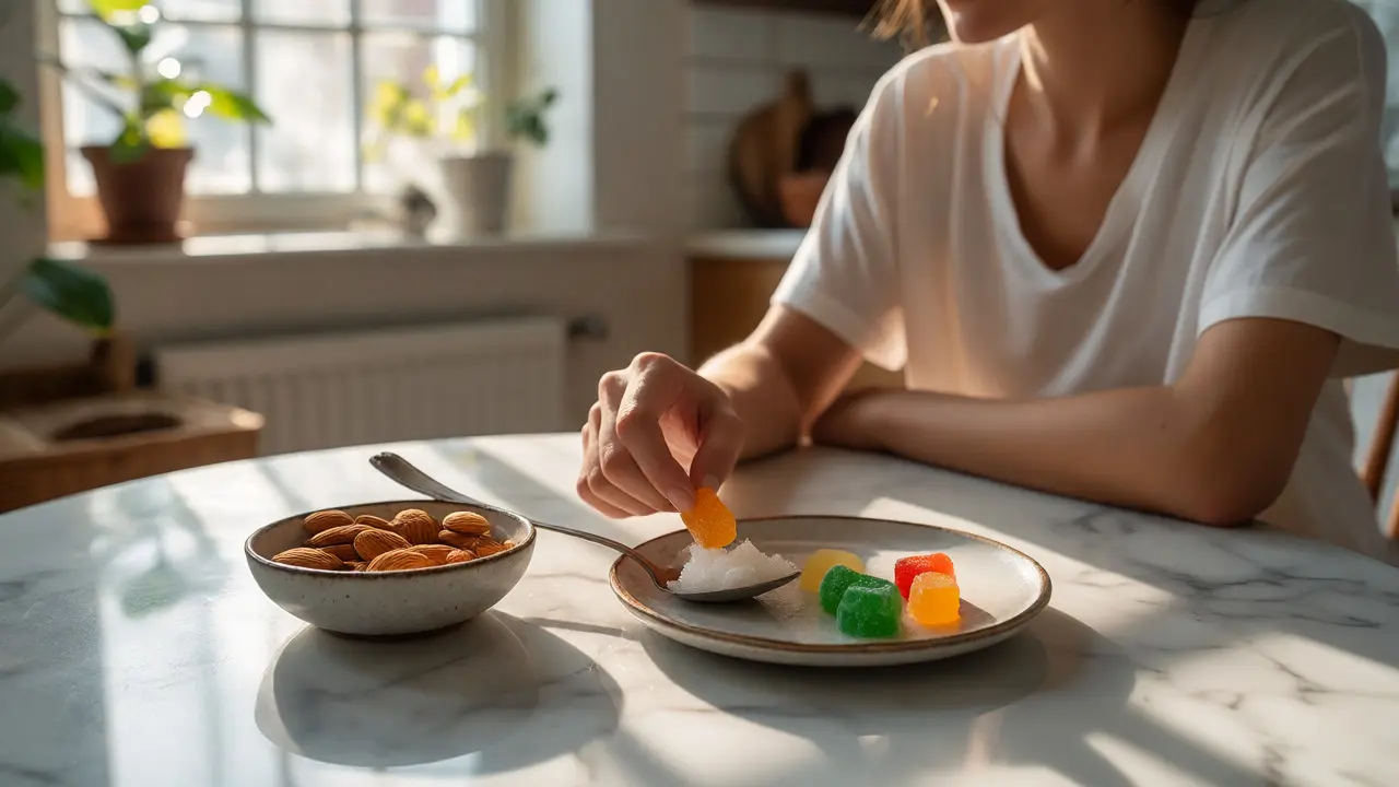 Osoba užíva CBD gummies spolu s mandlemi pro lepší vstřebávání