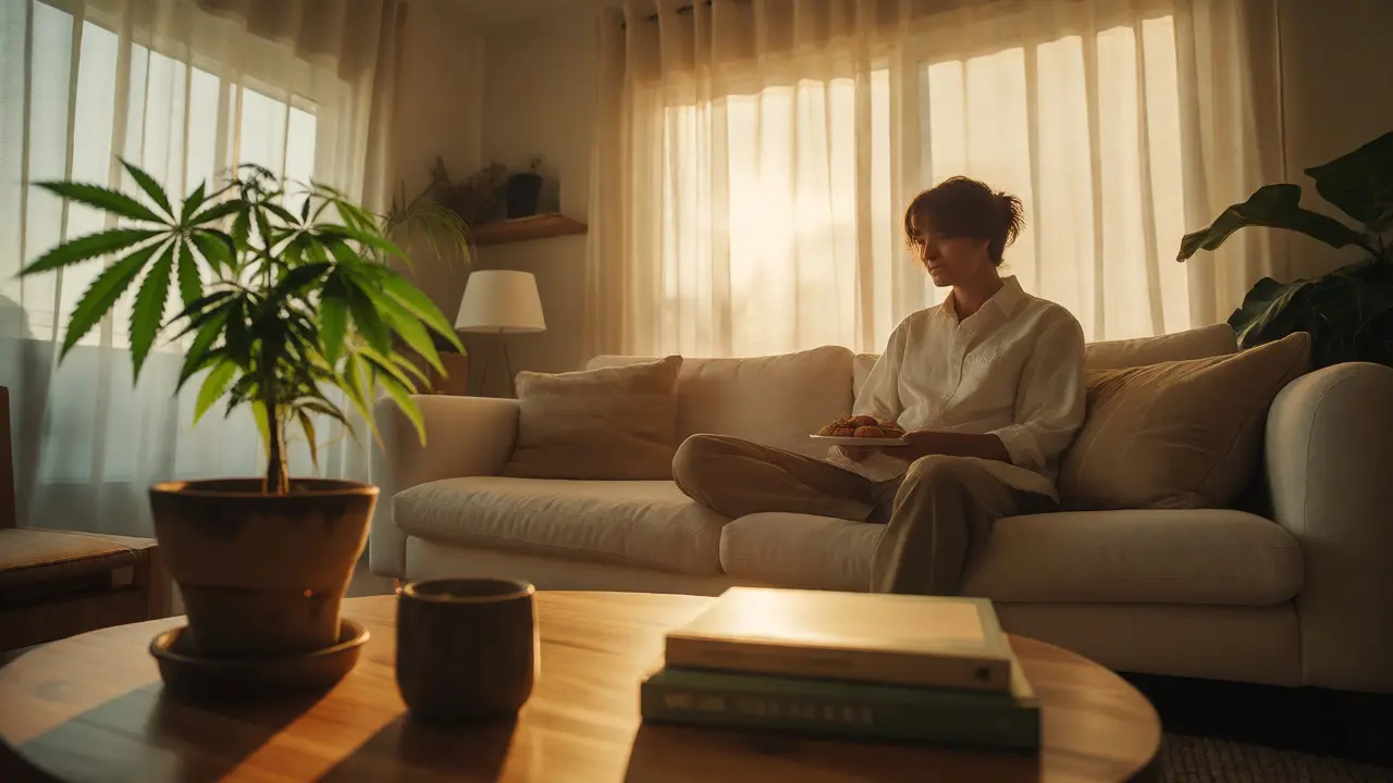 Person relaxing on sofa with cookies and hemp plant
