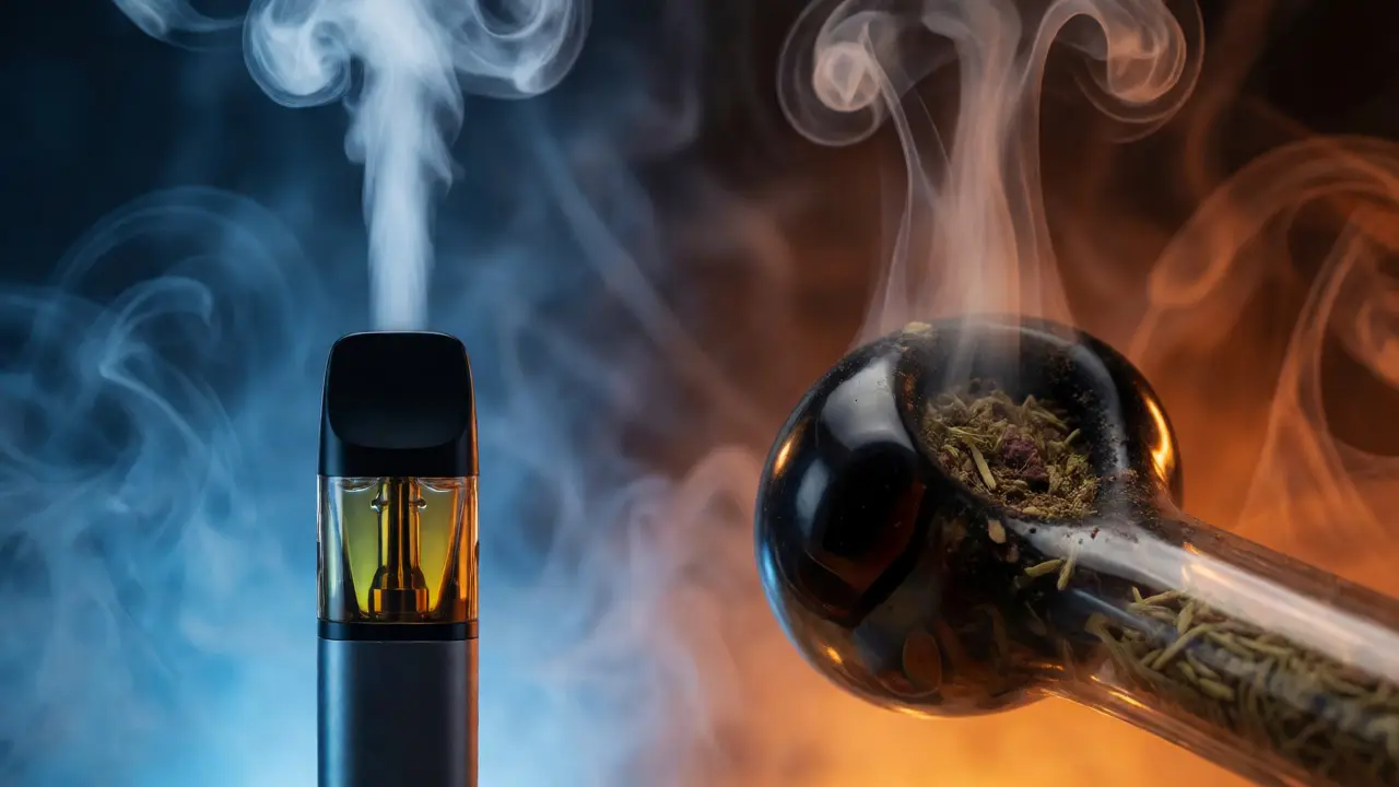 Rozdělený obraz porovnávající čistý výpar z vaporizéru s hustým kouřem z kouřené čokolády v dýmce.