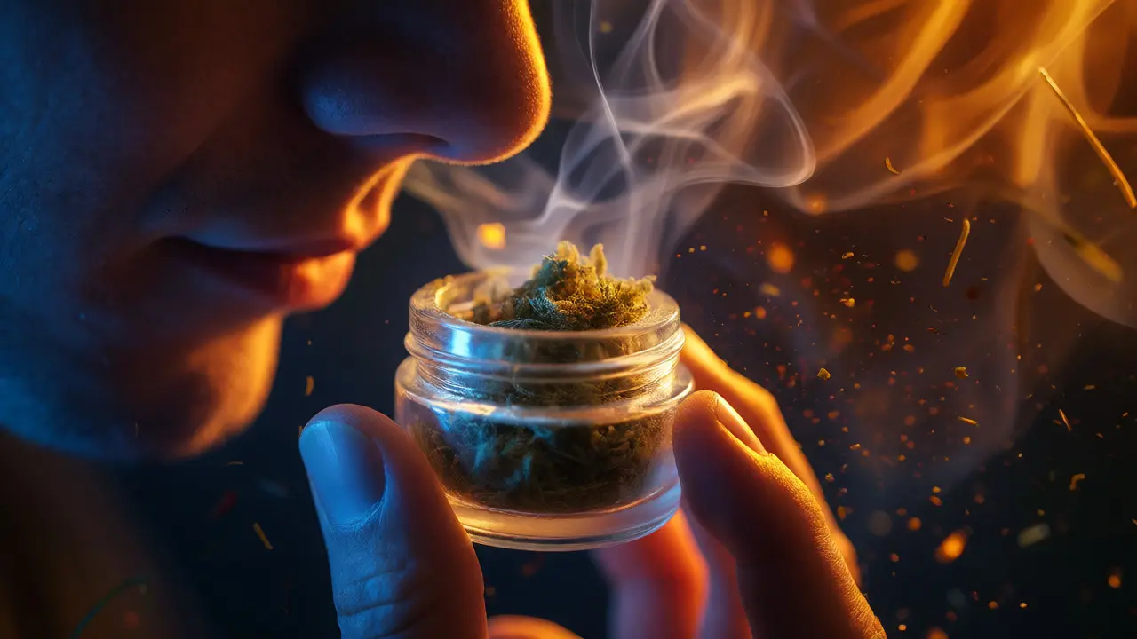 Skleněná dóza s CBD haschem a vizuální znázornění vůně terpenů
