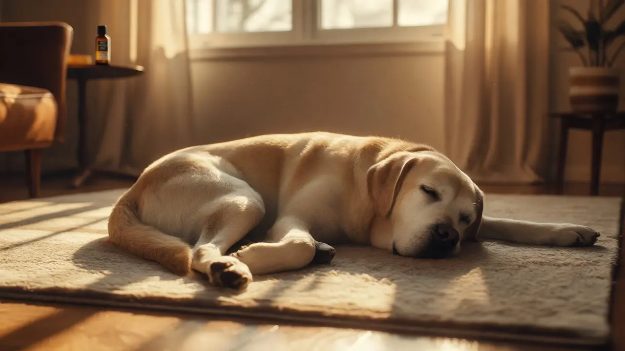 Starší labrador spí uvolněně na koberci ve slunném obýváku.