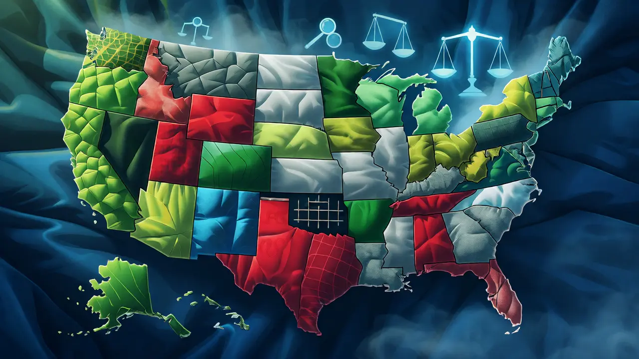 Abstraktní mapa USA znázorňující různé stupně legálnosti CBD po jednotlivých státech