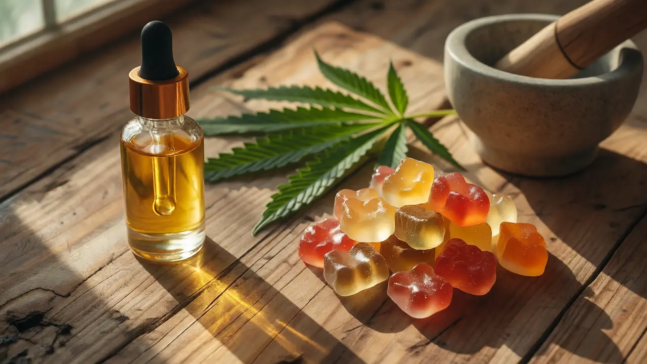 CBD olej a gumové medvědi vedle konopných listů