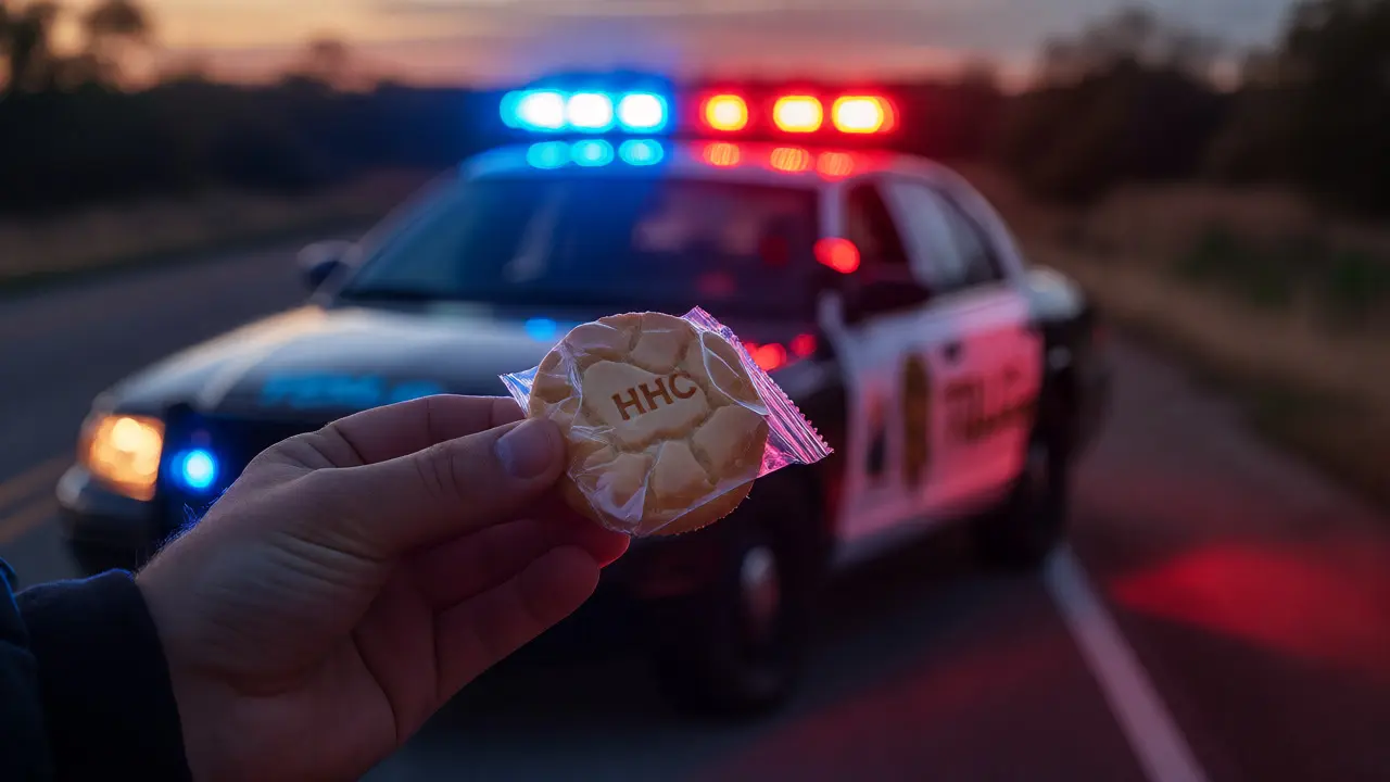 Detail sušenky s odleskem policejních majáků naznačující kontrolu.