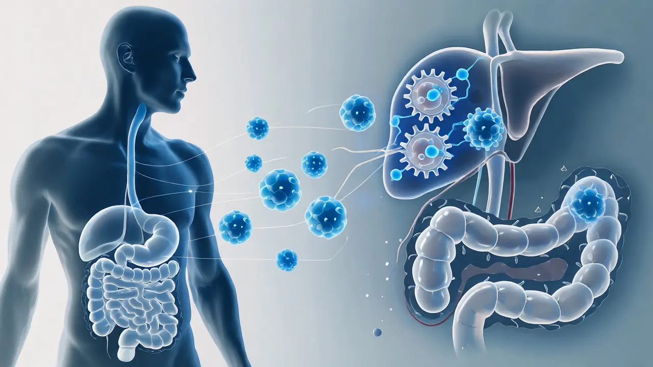Ilustrace metabolického procesu CBD v těle a interakce s játry