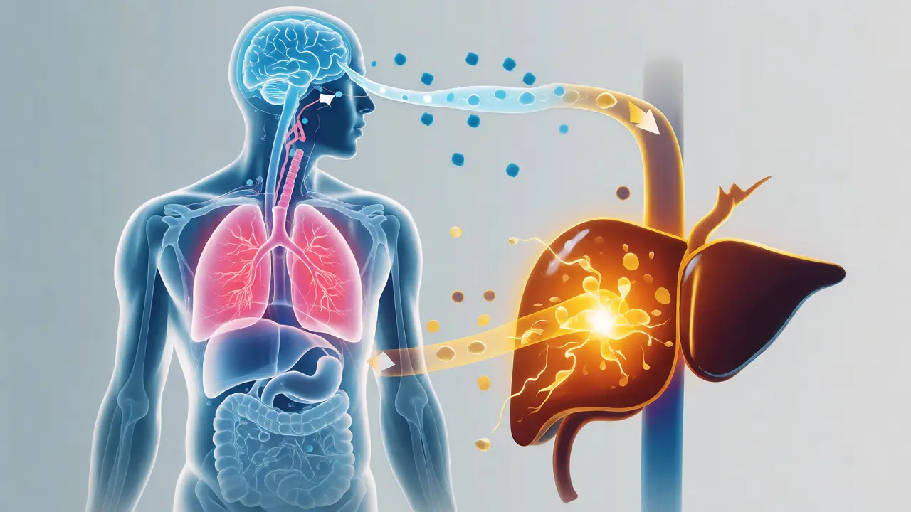 Konceptuální ilustrace metabolické cesty THC přes plíce a játra