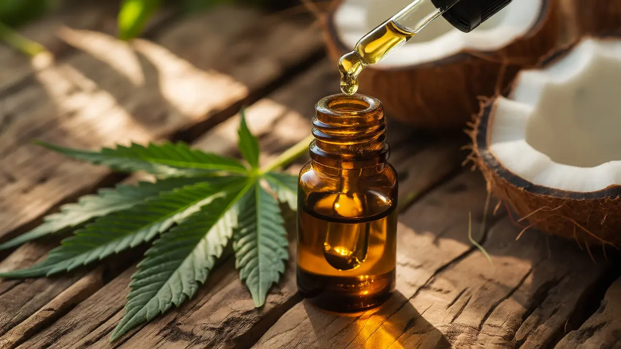 Lahvička s CBD olejem vedle konopných listů a kokosu