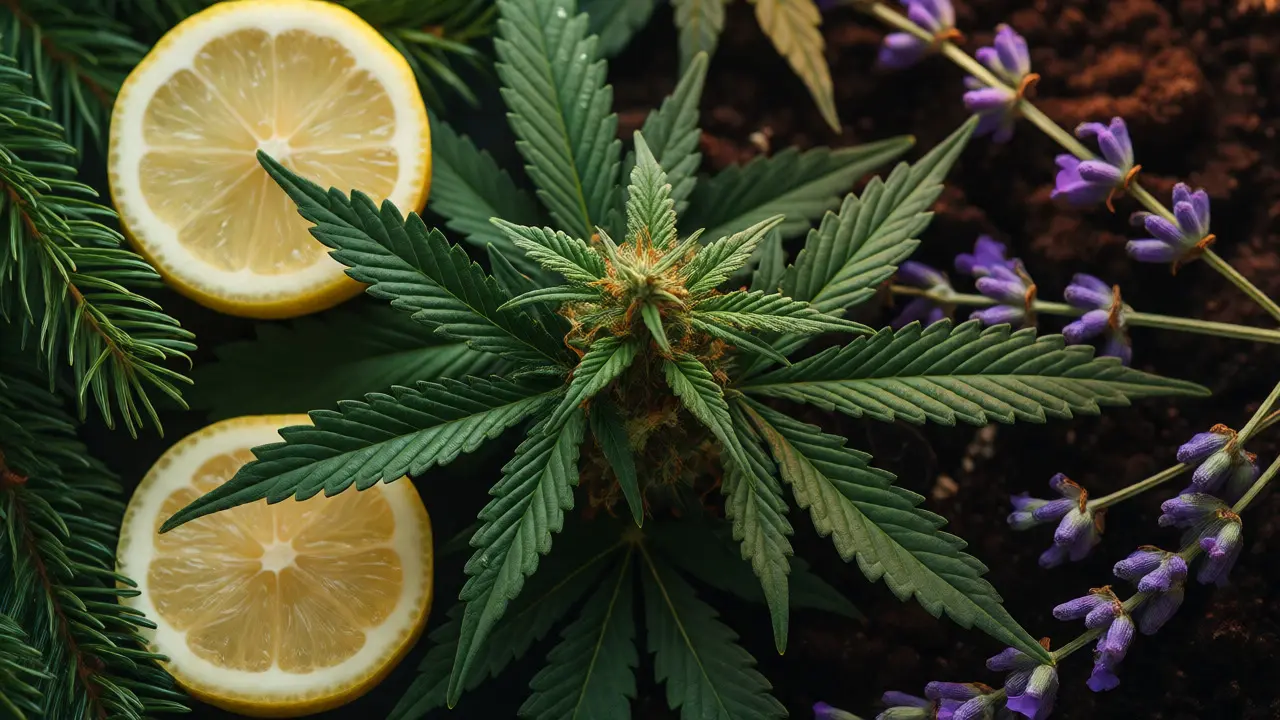 Makro fotografie konopí s citronem a levandulí znázorňující různé terpeny.