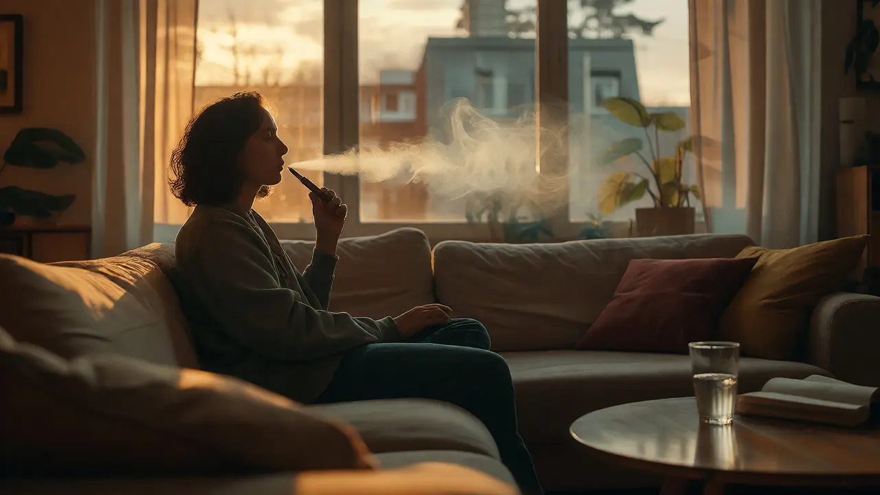 Osoba relaxující na gauči s vape perem v teplém večerním světle