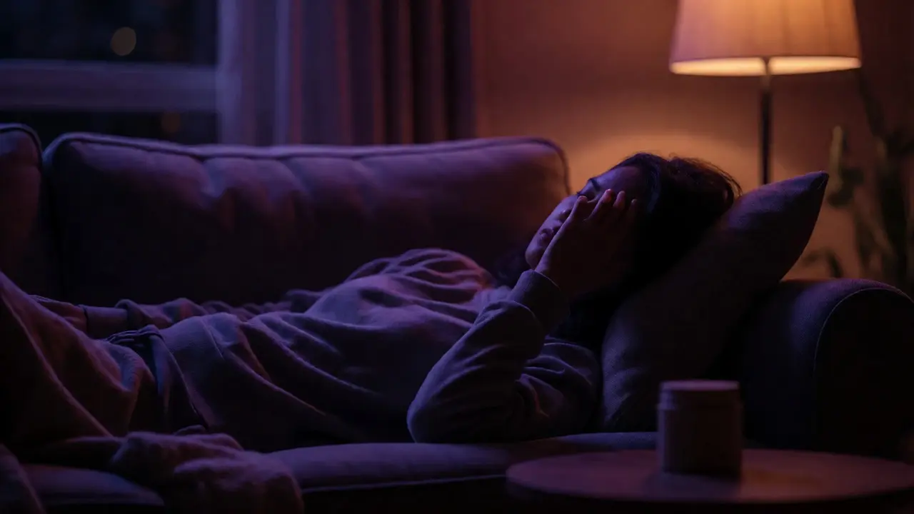 Person relaxing intensely on sofa in dim room