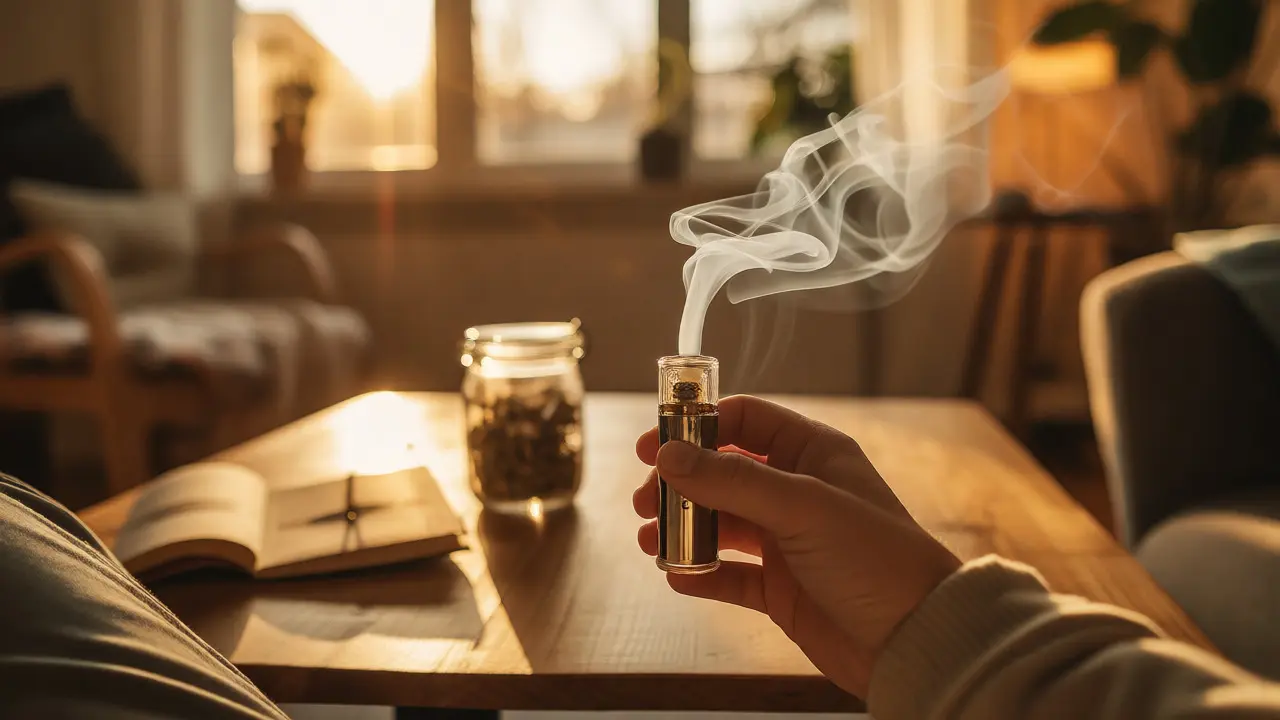 Pohled z první osoby na vapování HHC v útulném obývacím pokoji