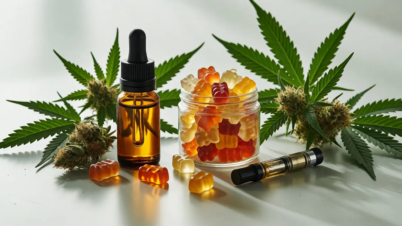 Sada produktů s HHC: olej, gumové medvídky a vape