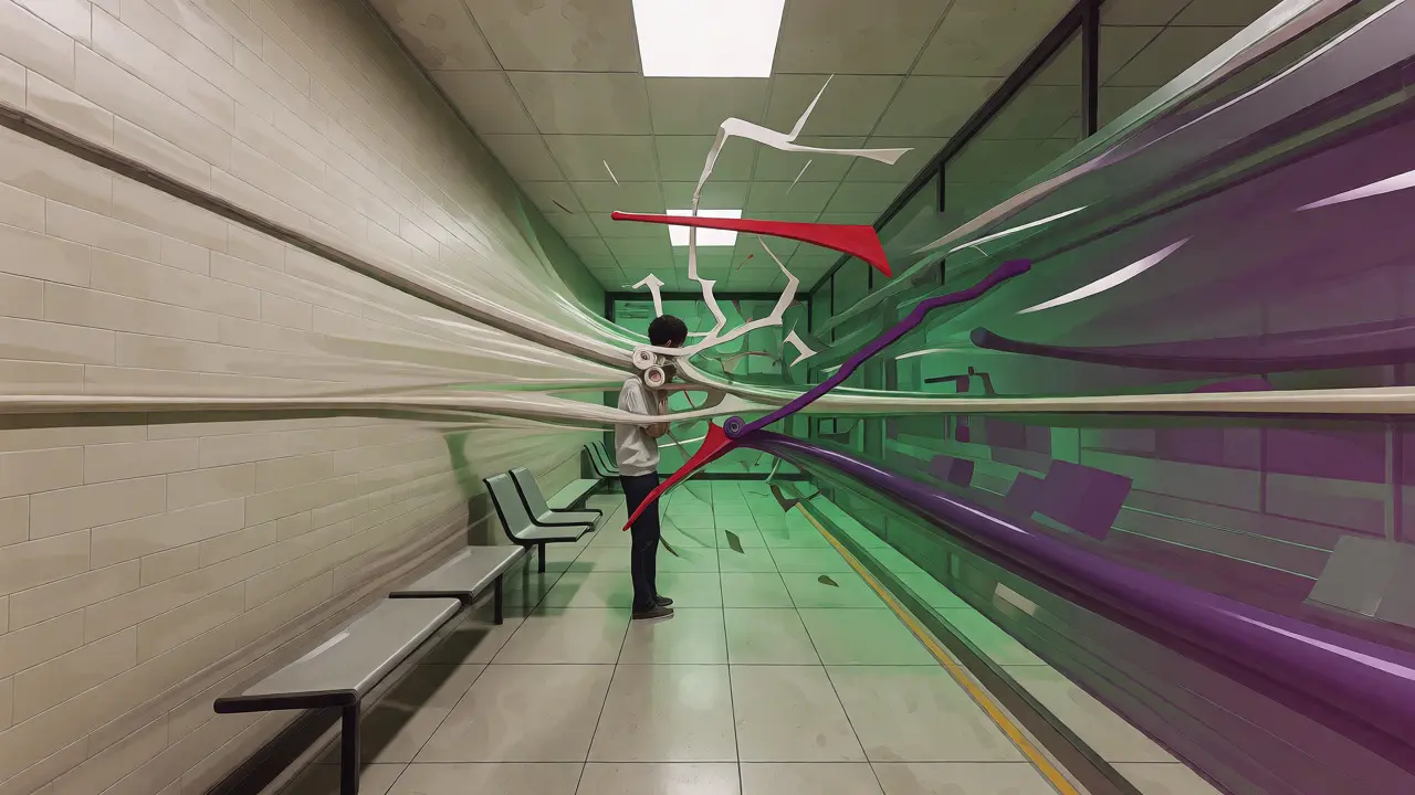 Surrealistická scéna znázorňující zkreslení času a paranoiu