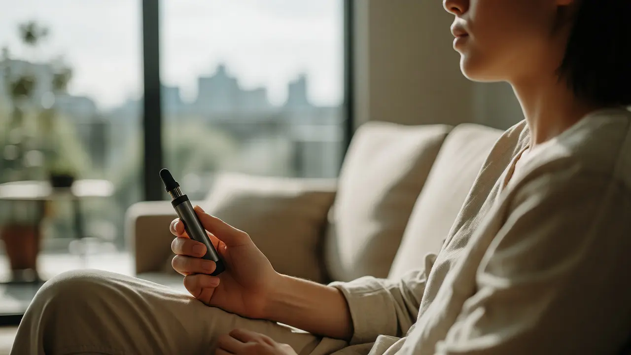 Uvolněná osoba s vape perem v moderním obývacím pokoji za denního světla
