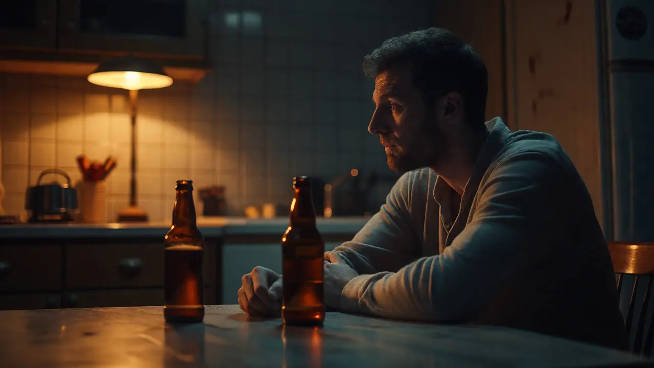 Zamyšlený muž sedí u stolu s láhvemi piva ve večerním šeru.