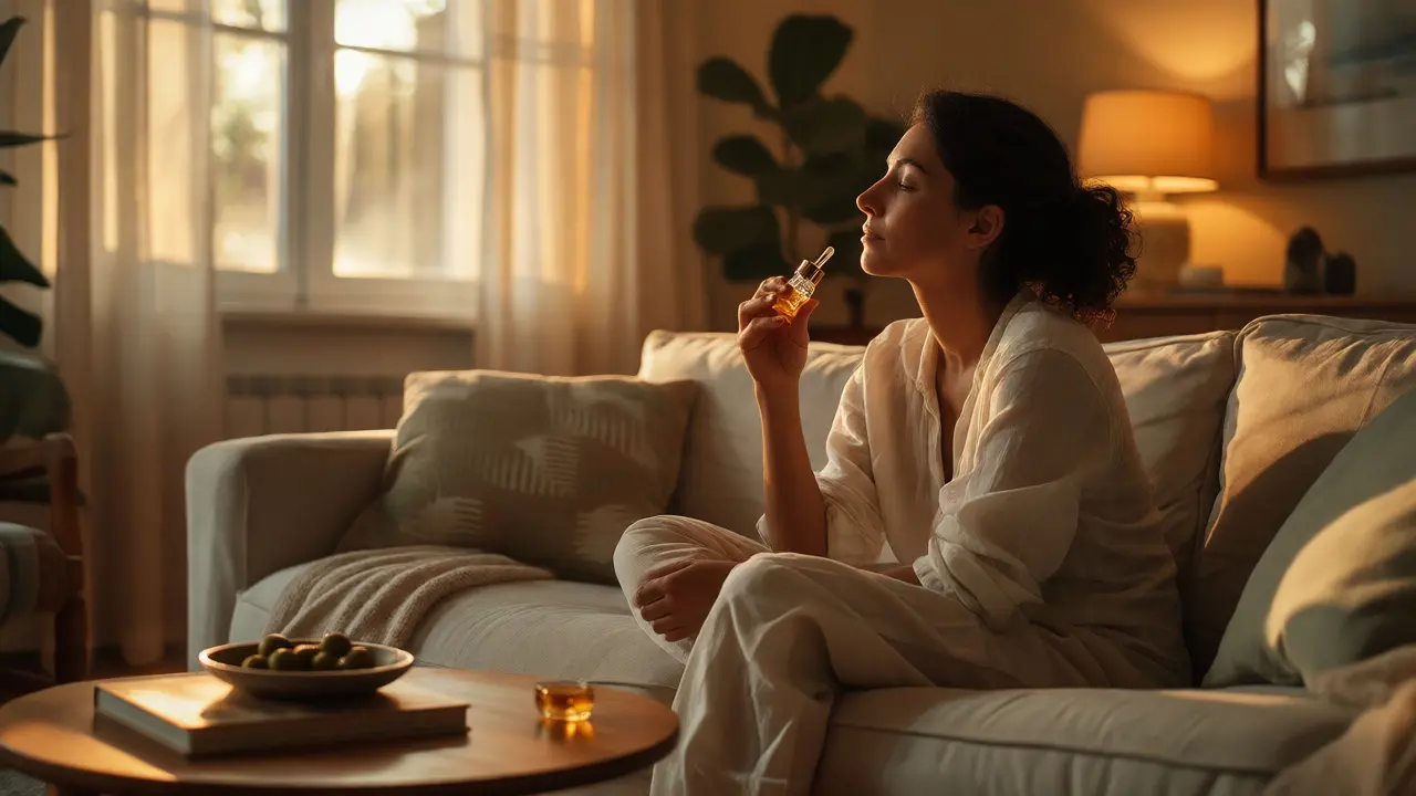 Žena v klidném obýváku užívá kapky CBD oleje pro relaxaci před spaním.